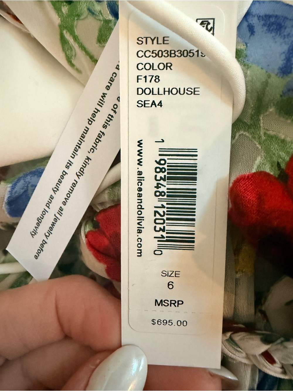 Alice + Olivia White Floral Print Dress with Red & Blue Blooms - Picture 3 of 3